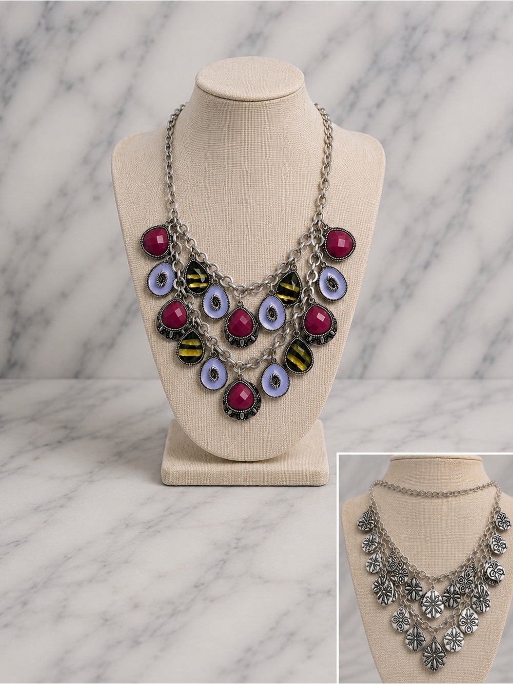 Premier Designs Necklace|Multi-Charm Silver Tone|Pink, Black & Lavender|NWOT